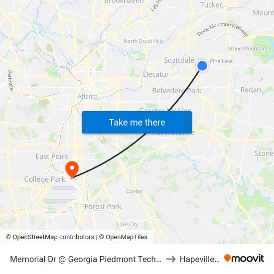 Memorial Dr @ Georgia Piedmont Tech College Dr to Hapeville, GA map
