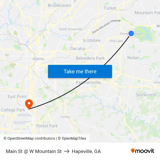 Main St @ W Mountain St to Hapeville, GA map