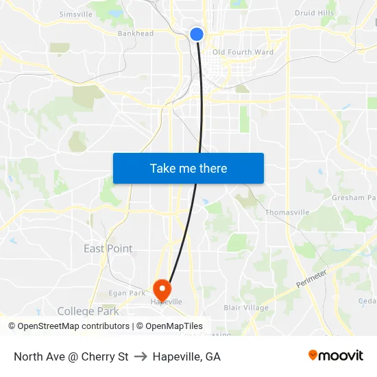 North Ave @ Cherry St to Hapeville, GA map