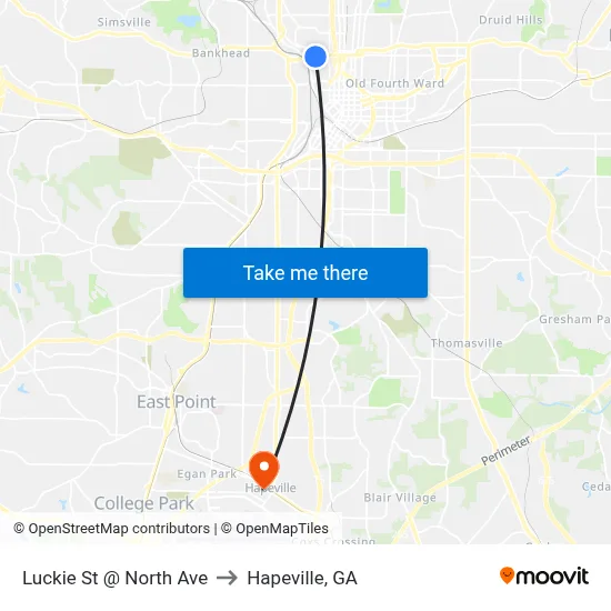 Luckie St @ North Ave to Hapeville, GA map