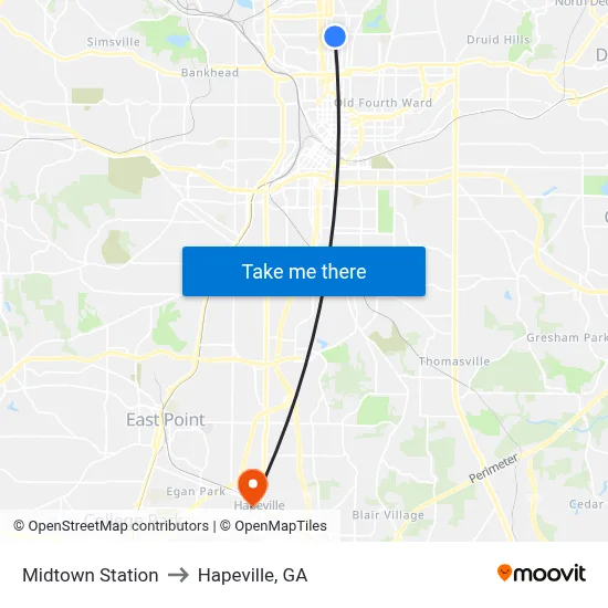 Midtown Station to Hapeville, GA map