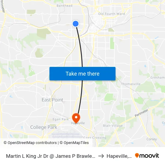 Martin L King Jr Dr @ James P Brawley Dr SW to Hapeville, GA map