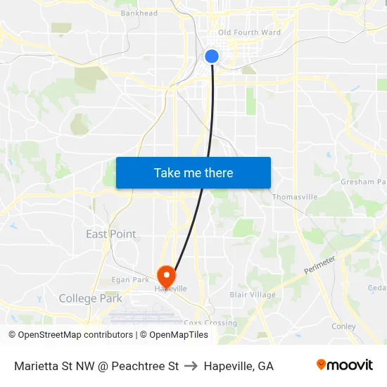 Marietta St NW @ Peachtree St to Hapeville, GA map