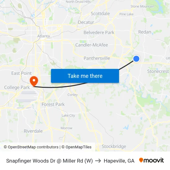 Snapfinger Woods Dr @ Miller Rd (W) to Hapeville, GA map