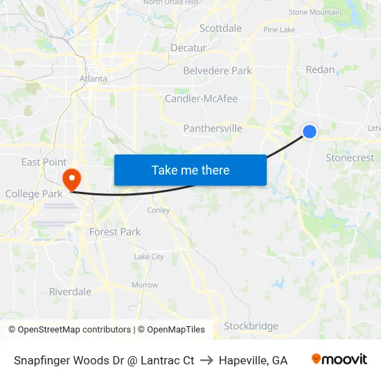 Snapfinger Woods Dr @ Lantrac Ct to Hapeville, GA map