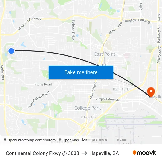 Continental Colony Pkwy @ 3033 to Hapeville, GA map