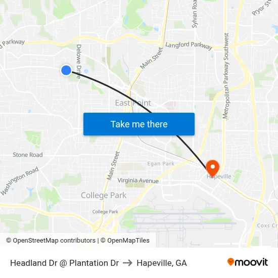 Headland Dr @ Plantation Dr to Hapeville, GA map