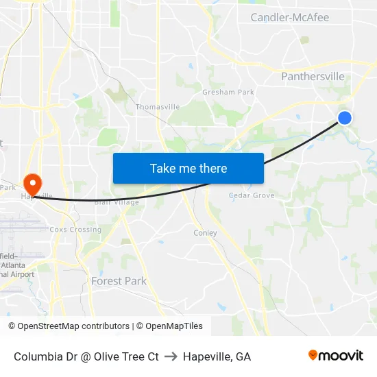 Columbia Dr @ Olive Tree Ct to Hapeville, GA map