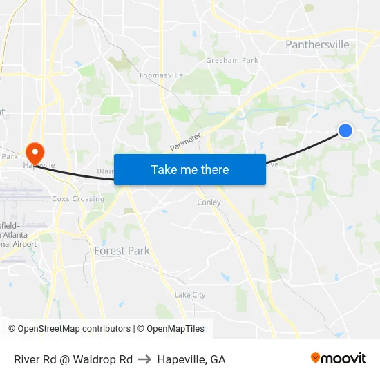 River Rd @ Waldrop Rd to Hapeville, GA map