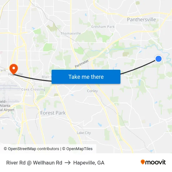 River Rd @ Wellhaun Rd to Hapeville, GA map