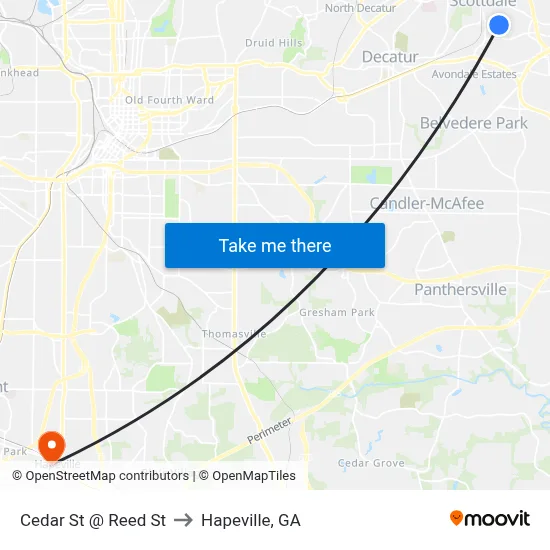 Cedar St @ Reed St to Hapeville, GA map