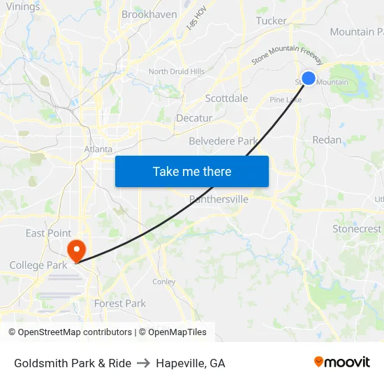 Goldsmith Park & Ride to Hapeville, GA map