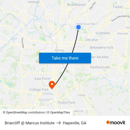 Briarcliff @ Marcus Institute to Hapeville, GA map