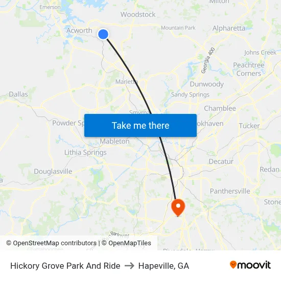 Hickory Grove Park And Ride to Hapeville, GA map