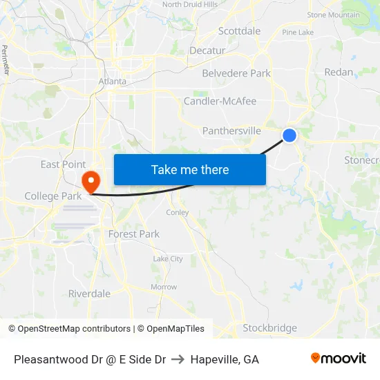Pleasantwood Dr @ E Side Dr to Hapeville, GA map