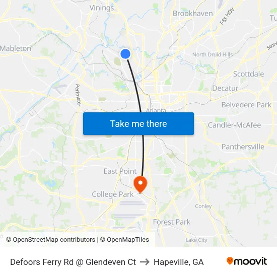 Defoors Ferry Rd @ Glendeven Ct to Hapeville, GA map
