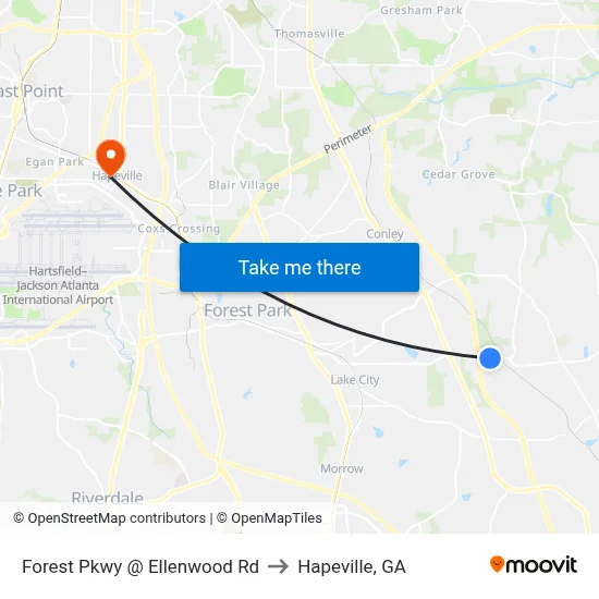 Forest Pkwy @ Ellenwood Rd to Hapeville, GA map