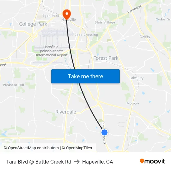 Tara Blvd @ Battle Creek Rd to Hapeville, GA map