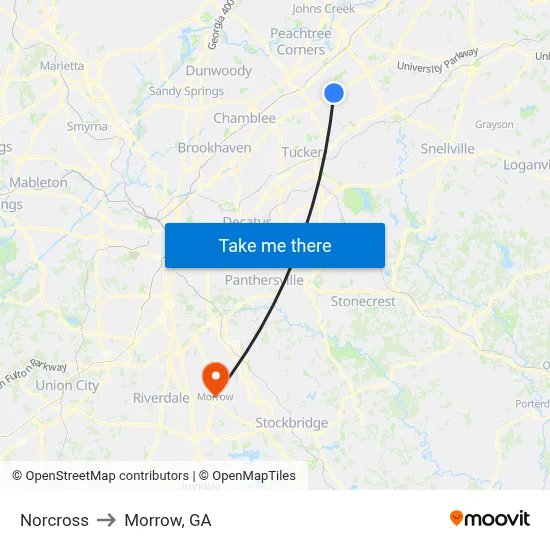 Norcross to Morrow, GA map
