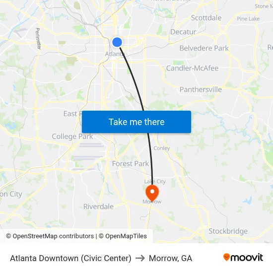 Atlanta Downtown (Civic Center) to Morrow, GA map