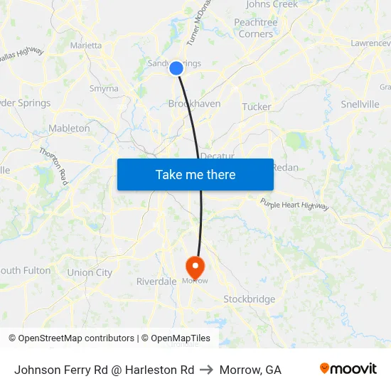 Johnson Ferry Rd @ Harleston Rd to Morrow, GA map