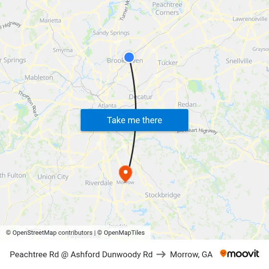 Peachtree Rd @ Ashford Dunwoody Rd to Morrow, GA map