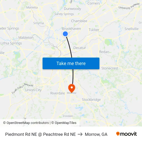 Piedmont Rd NE @ Peachtree Rd NE to Morrow, GA map
