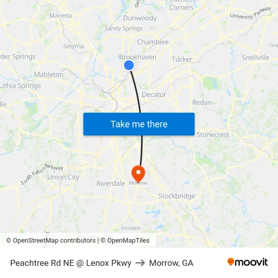 Peachtree Rd NE @ Lenox Pkwy to Morrow, GA map