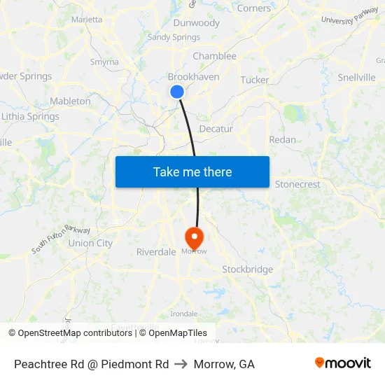 Peachtree Rd @ Piedmont Rd to Morrow, GA map