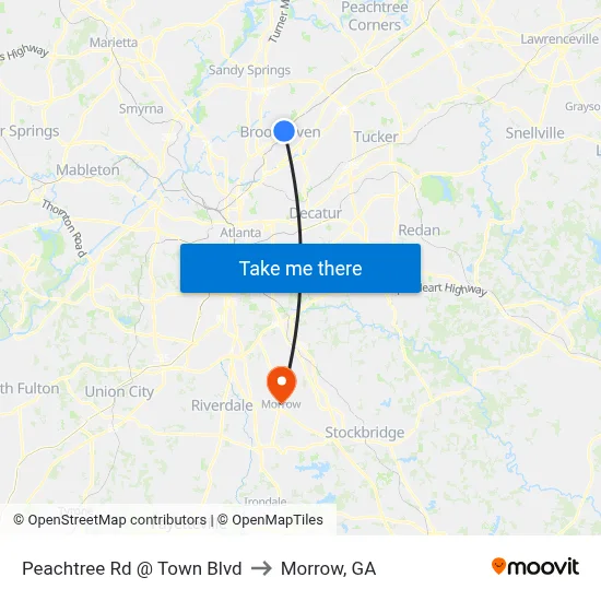 Peachtree Rd @ Town Blvd to Morrow, GA map