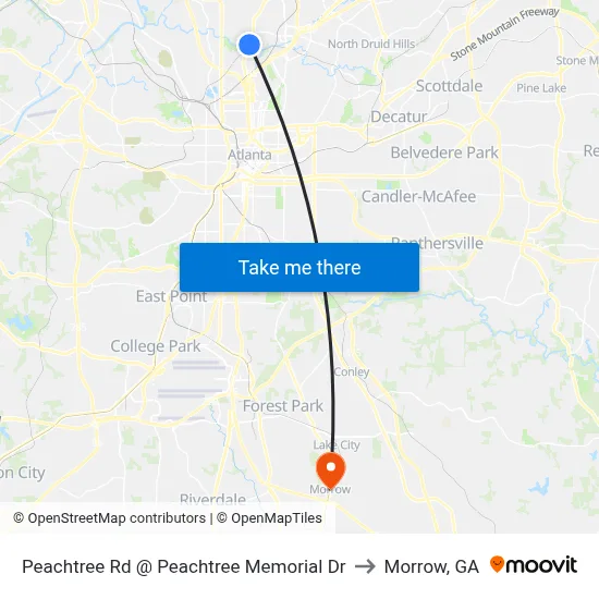 Peachtree Rd @ Peachtree Memorial Dr to Morrow, GA map