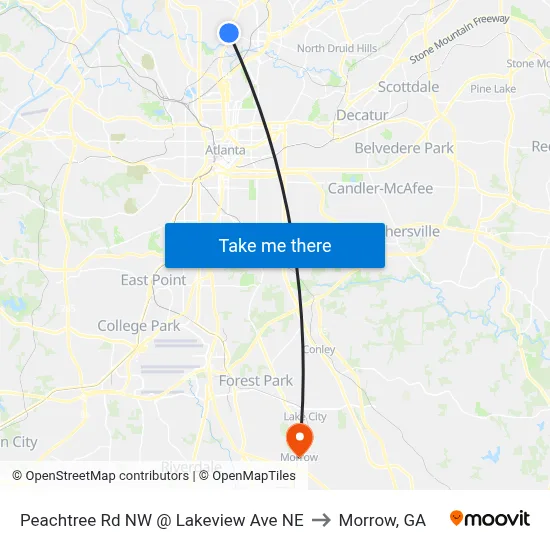Peachtree Rd NW @ Lakeview Ave NE to Morrow, GA map