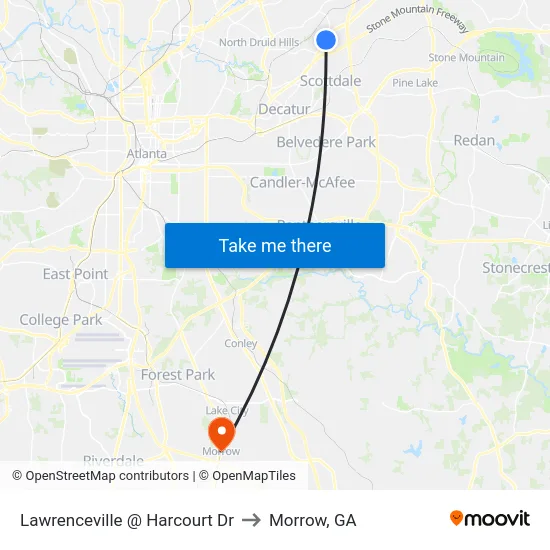 Lawrenceville @ Harcourt Dr to Morrow, GA map