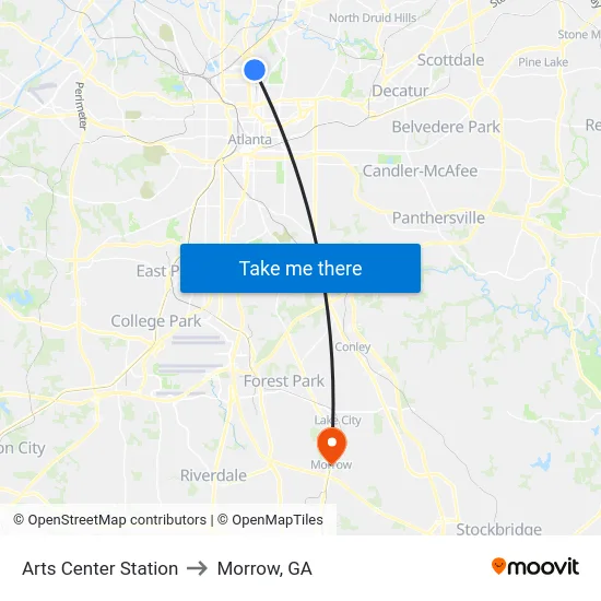 Arts Center Station to Morrow, GA map