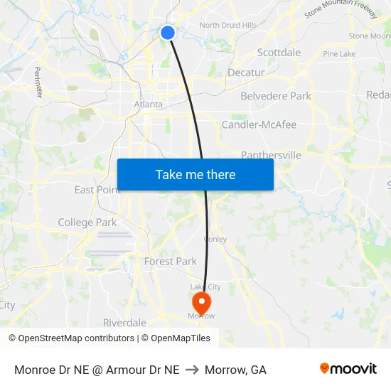 Monroe Dr NE @ Armour Dr NE to Morrow, GA map