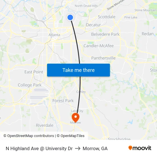 N Highland Ave @ University Dr to Morrow, GA map