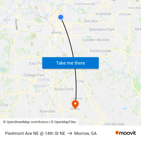 Piedmont Ave NE @ 14th St NE to Morrow, GA map