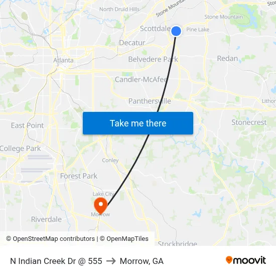 N Indian Creek Dr @ 555 to Morrow, GA map