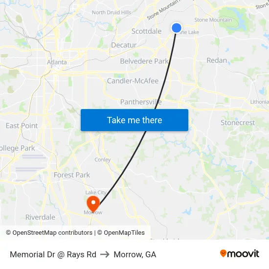 Memorial Dr @ Rays Rd to Morrow, GA map