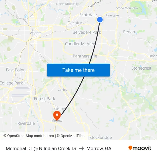 Memorial Dr @ N Indian Creek Dr to Morrow, GA map