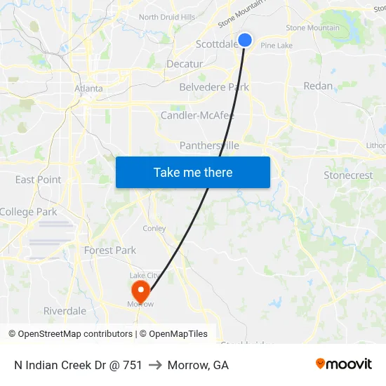 N Indian Creek Dr @ 751 to Morrow, GA map