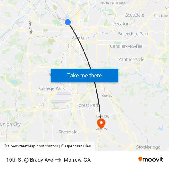 10th St @ Brady Ave to Morrow, GA map