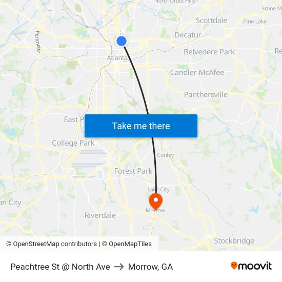 Peachtree St @ North Ave to Morrow, GA map