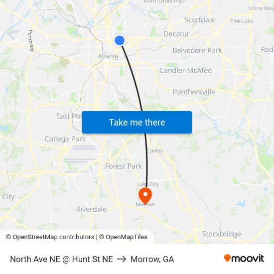 North Ave NE @ Hunt St NE to Morrow, GA map