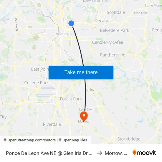 Ponce De Leon Ave NE @ Glen Iris Dr NE to Morrow, GA map