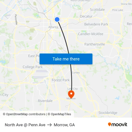 North Ave @ Penn Ave to Morrow, GA map