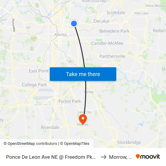 Ponce De Leon Ave NE @ Freedom Pkwy NE to Morrow, GA map