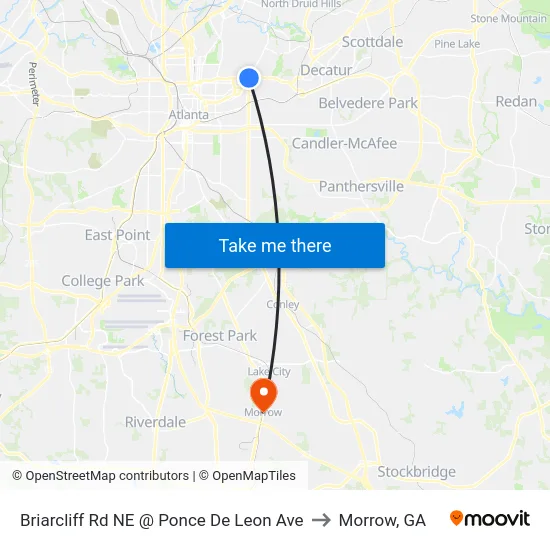 Briarcliff Rd NE @ Ponce De Leon Ave to Morrow, GA map