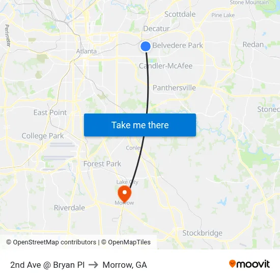 2nd Ave @ Bryan Pl to Morrow, GA map