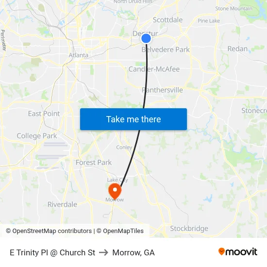 E Trinity Pl @ Church St to Morrow, GA map